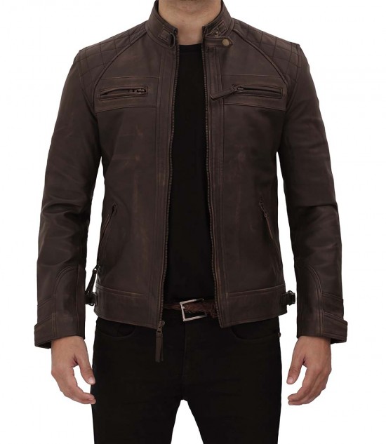 mens brown leather quilted jacket mens