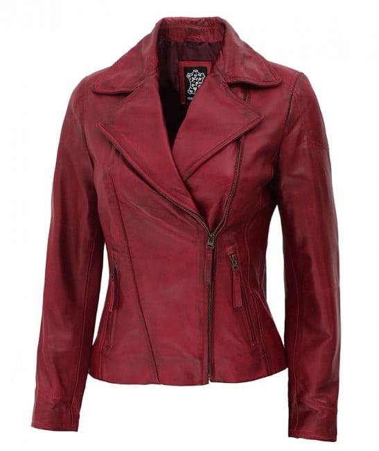 Ramsey red assymmetrial motorcycle slim fit leather jacket