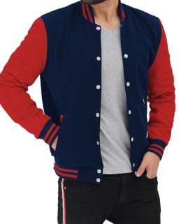 red and navy blue letterman jacket for men