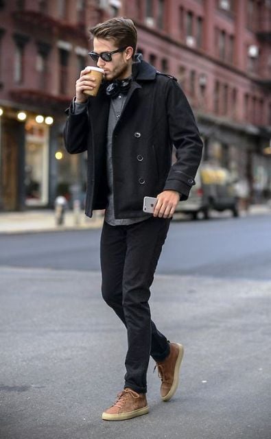 Stylish Winter Travel Outfit for men wearing black jacket