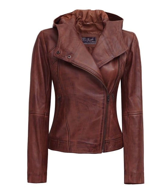 womens hooded brown leather asymmetrical jacket
