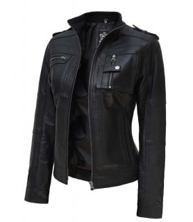 Women black biker leather jacket