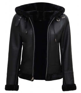 Grace Fur Hooded Black Leather Aviator Jacket Womens