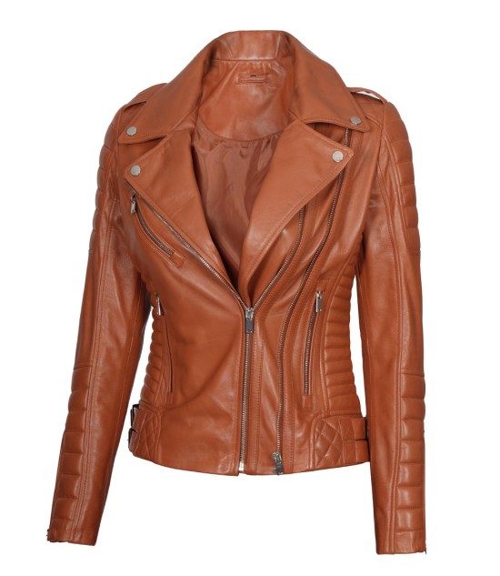 womens tan biker quilted leather jacket