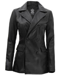 Womens Black Double Breasted Leather Blazer