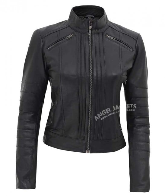 black slim fit leather jacket for women