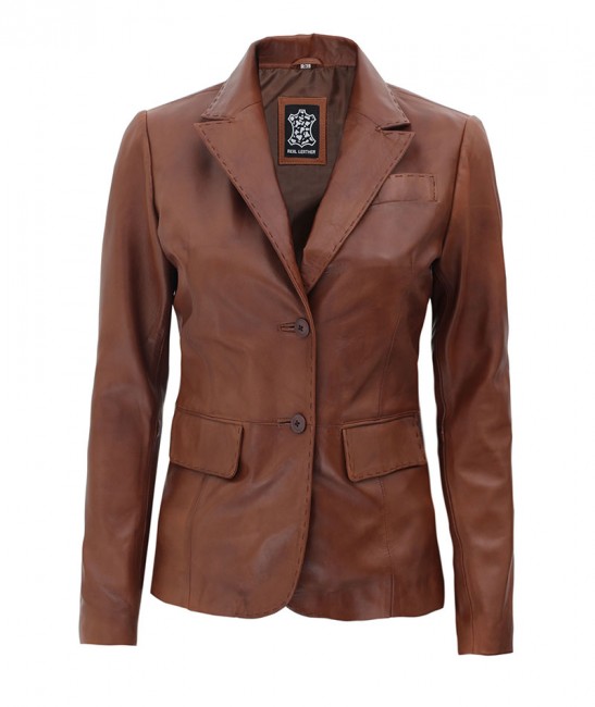 brown leather blazer women