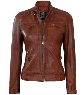 lambskin leather jacket for womens in cognac