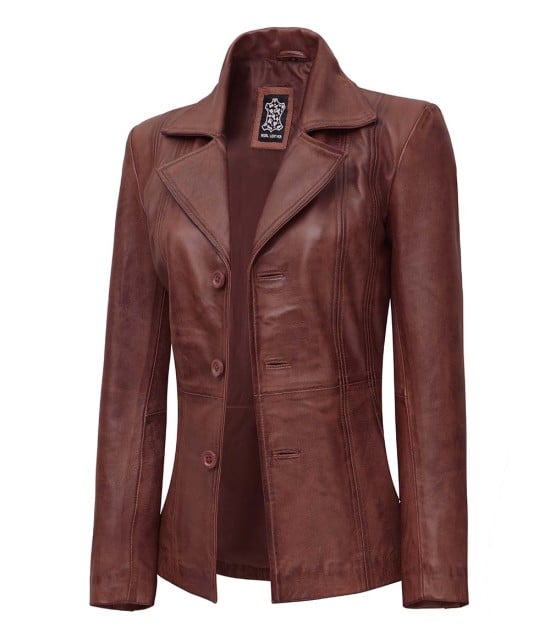 Bitonto Womens Brown Three Button Closure Leather Blazer