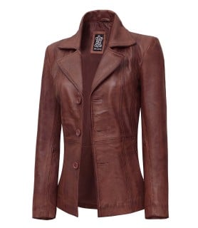 three button closure brown leather blazer womens