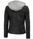 womens black leather jacket with grey hood