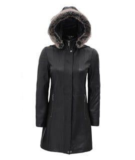 black fur collar leather coat for women