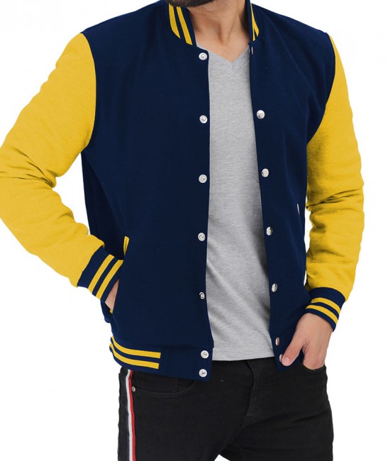 yellow and navy blue letterman jacket